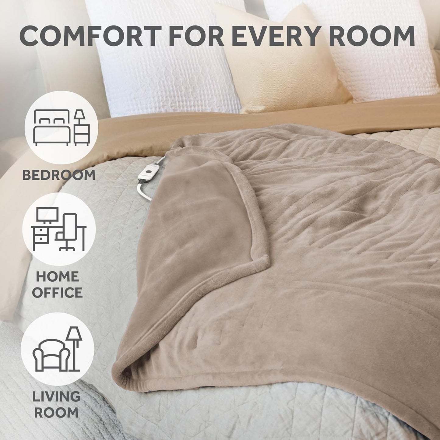 Electric Royal Luxe Microplush Heated Blanket, 12 Heat Settings, 12-Hour Auto Shut-Off, Fast Heating, Warm & Cozy, Machine Washable, Dove Gray Color, Full (84" x 72")