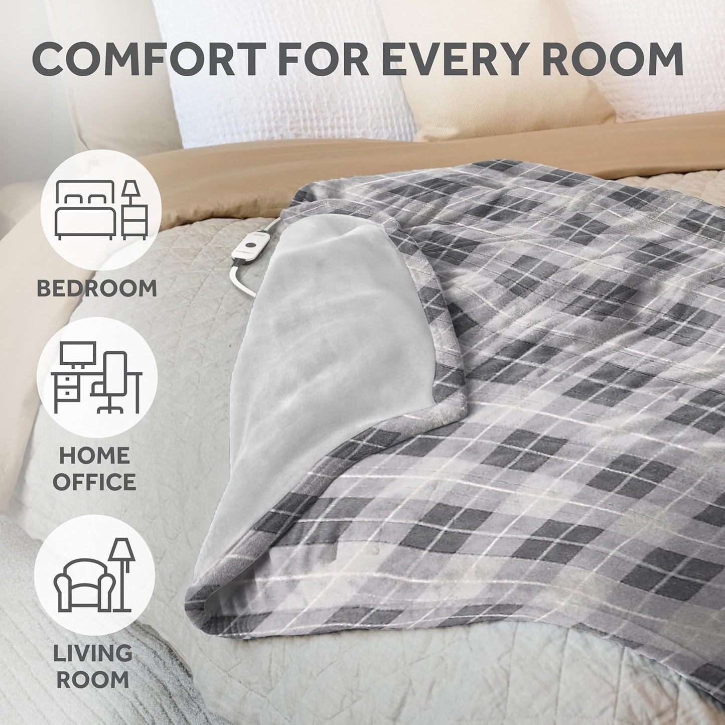 Electric Royal Luxe Microplush Heated Blanket, 12 Heat Settings, 12-Hour Auto Shut-Off, Fast Heating, Warm & Cozy, Machine Washable, Dove Gray Color, Full (84" x 72")