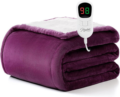 Heated Blanket Electric Throw - 50"x60" Heating Blanket Throw 1/2/4/6/8 Hours Auto-Off 10 Heat Level Over-Heat Protection Flannel Sherpa ETL Certification