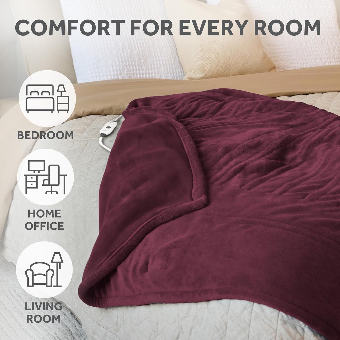 Electric Royal Luxe Microplush Heated Blanket, 12 Heat Settings, 12-Hour Auto Shut-Off, Fast Heating, Warm & Cozy, Machine Washable, Dove Gray Color, Full (84" x 72")