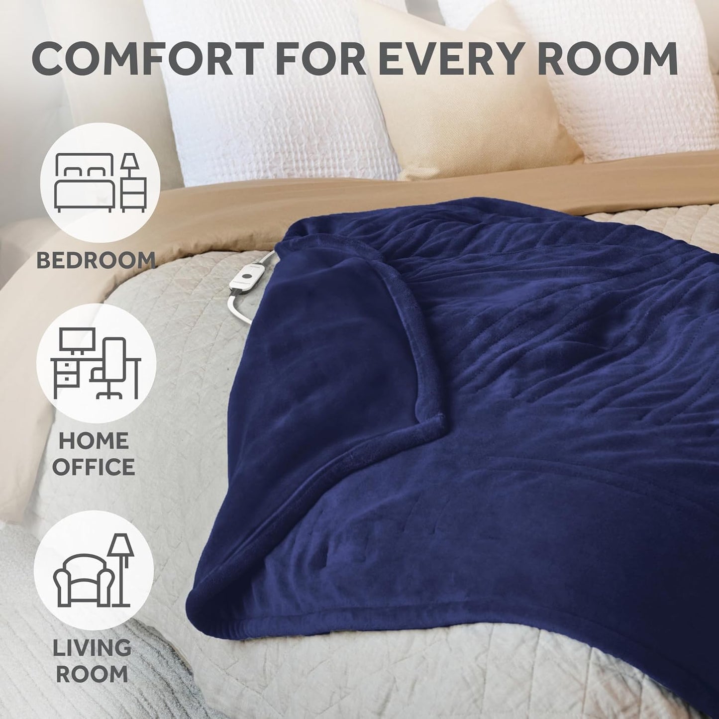 Electric Royal Luxe Microplush Heated Blanket, 12 Heat Settings, 12-Hour Auto Shut-Off, Fast Heating, Warm & Cozy, Machine Washable, Dove Gray Color, Full (84" x 72")