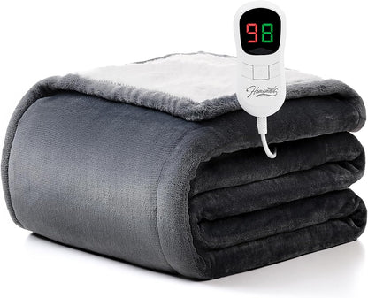 Heated Blanket Electric Throw - 50"x60" Heating Blanket Throw 1/2/4/6/8 Hours Auto-Off 10 Heat Level Over-Heat Protection Flannel Sherpa ETL Certification