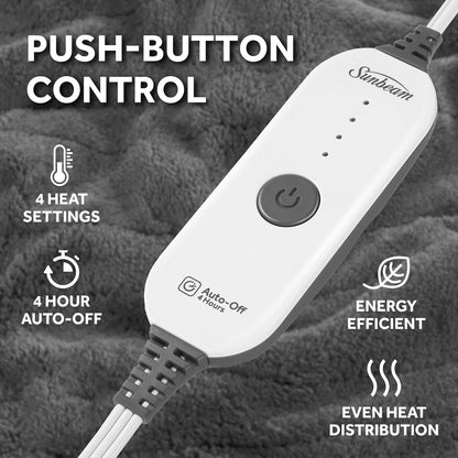 Electric Royal Luxe Microplush Heated Blanket, 12 Heat Settings, 12-Hour Auto Shut-Off, Fast Heating, Warm & Cozy, Machine Washable, Dove Gray Color, Full (84" x 72")