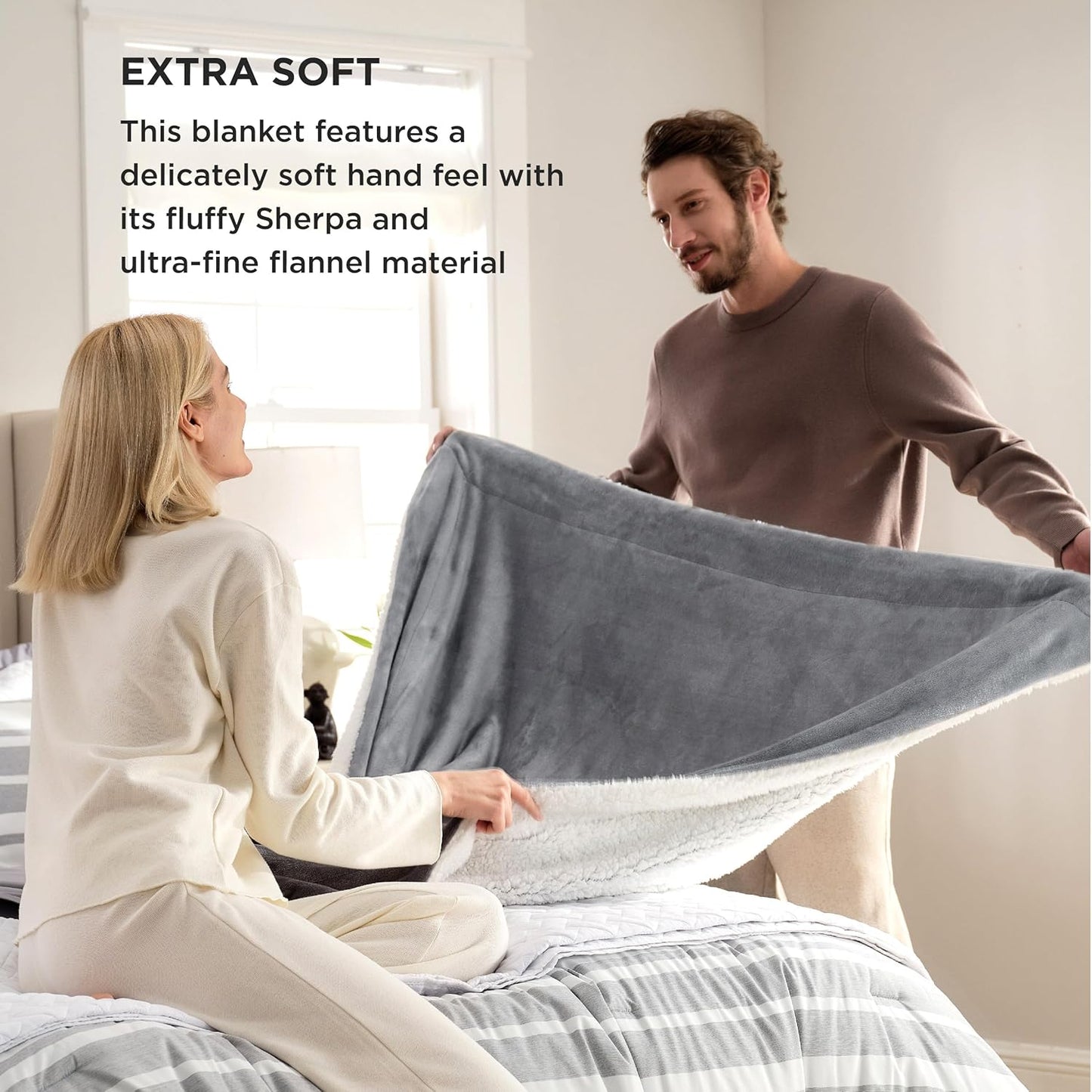 GentleSoft Sherpa Fleece Throw Blanket Twin Size for Couch - Thick and Warm Throw for Women and Men, Soft Fuzzy Plush Blanke for Winter, Grey, 60x80 Inches
