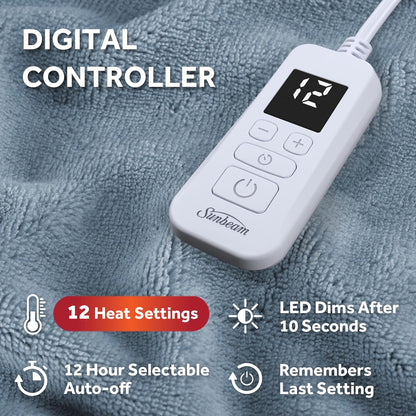 Electric Royal Luxe Microplush Heated Blanket, 12 Heat Settings, 12-Hour Auto Shut-Off, Fast Heating, Warm & Cozy, Machine Washable, Dove Gray Color, Full (84" x 72")