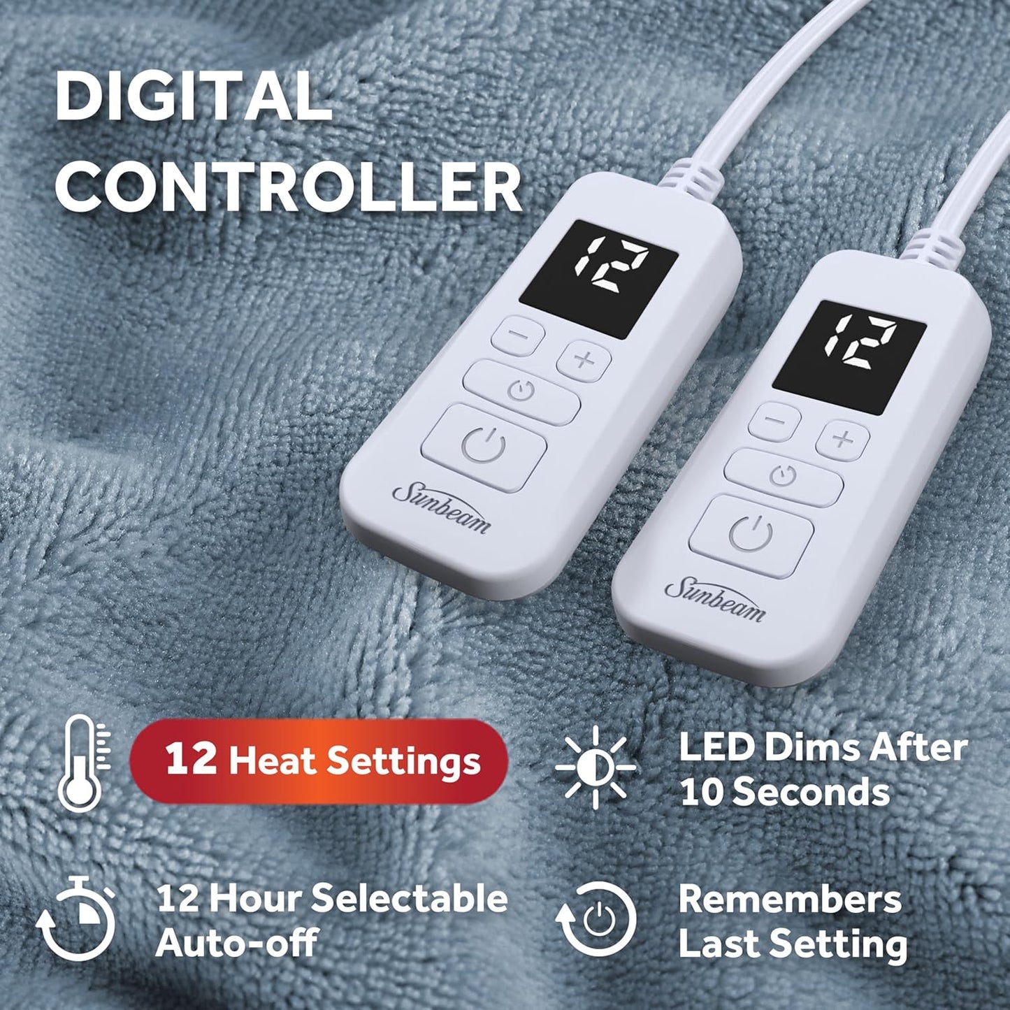 Electric Royal Luxe Microplush Heated Blanket, 12 Heat Settings, 12-Hour Auto Shut-Off, Fast Heating, Warm & Cozy, Machine Washable, Dove Gray Color, Full (84" x 72")