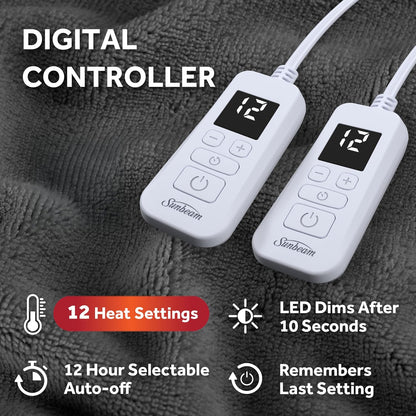 Electric Royal Luxe Microplush Heated Blanket, 12 Heat Settings, 12-Hour Auto Shut-Off, Fast Heating, Warm & Cozy, Machine Washable, Dove Gray Color, Full (84" x 72")