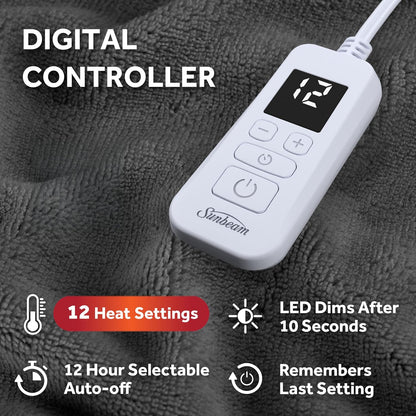 Electric Royal Luxe Microplush Heated Blanket, 12 Heat Settings, 12-Hour Auto Shut-Off, Fast Heating, Warm & Cozy, Machine Washable, Dove Gray Color, Full (84" x 72")