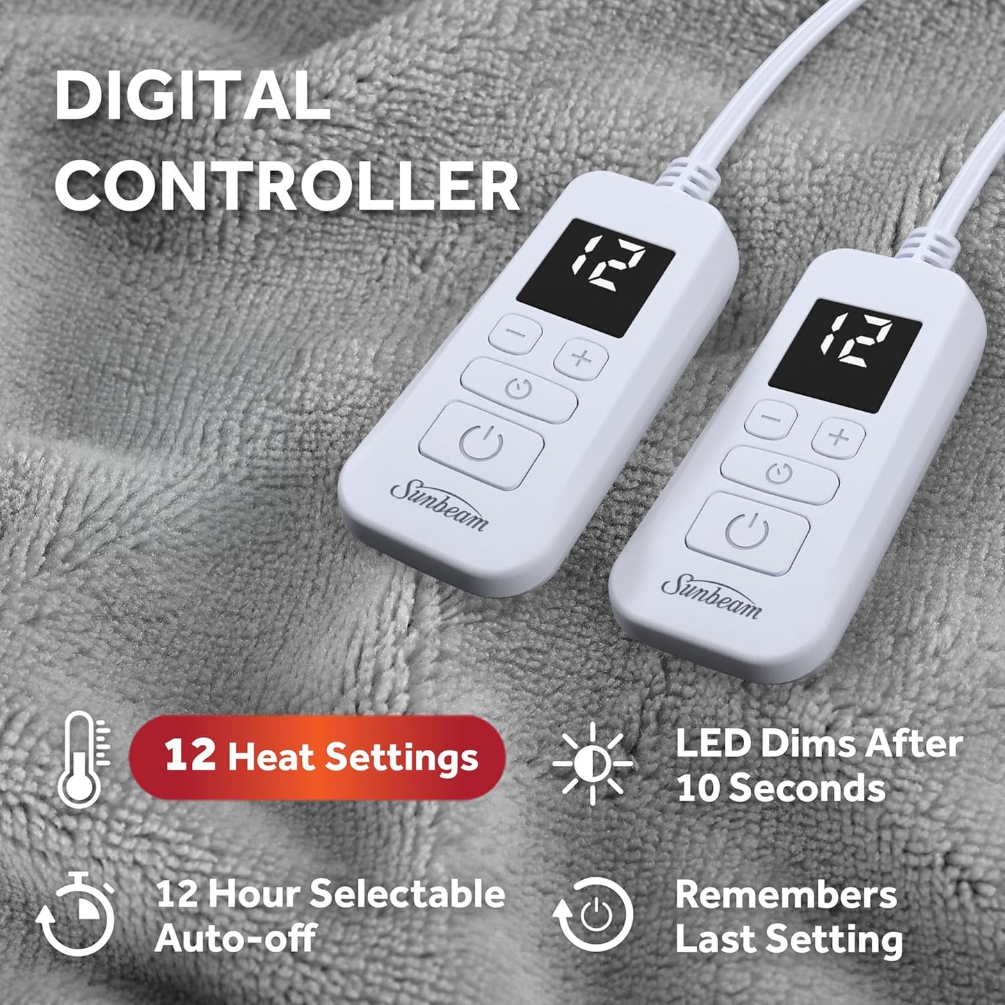 Electric Royal Luxe Microplush Heated Blanket, 12 Heat Settings, 12-Hour Auto Shut-Off, Fast Heating, Warm & Cozy, Machine Washable, Dove Gray Color, Full (84" x 72")