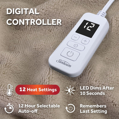 Electric Royal Luxe Microplush Heated Blanket, 12 Heat Settings, 12-Hour Auto Shut-Off, Fast Heating, Warm & Cozy, Machine Washable, Dove Gray Color, Full (84" x 72")