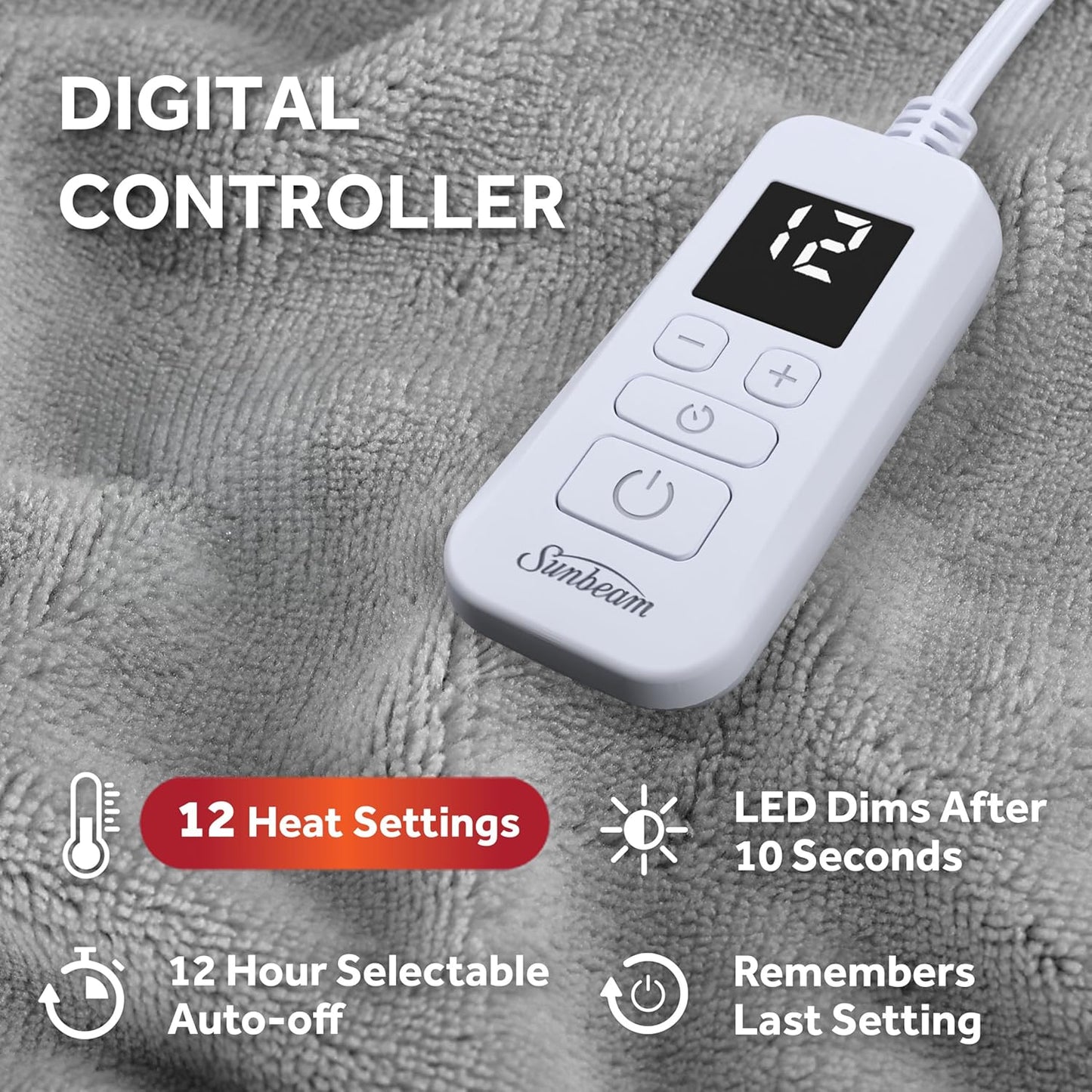 Electric Royal Luxe Microplush Heated Blanket, 12 Heat Settings, 12-Hour Auto Shut-Off, Fast Heating, Warm & Cozy, Machine Washable, Dove Gray Color, Full (84" x 72")