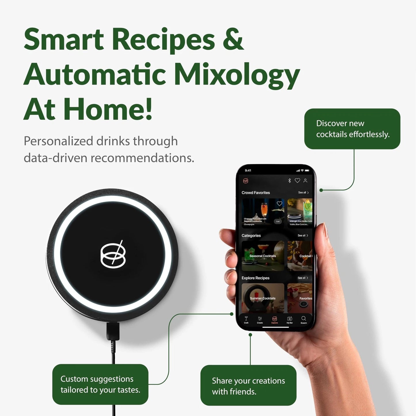 Smart Coaster 2.0 (Black) – Portable Cocktail Maker & Drink Mixer, App-Enable...